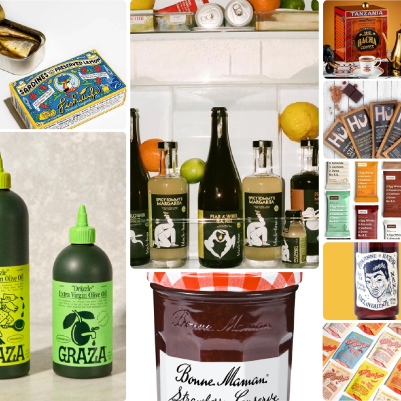 Various images of stylish food stuff, such as Jam Olive Oil and Juices