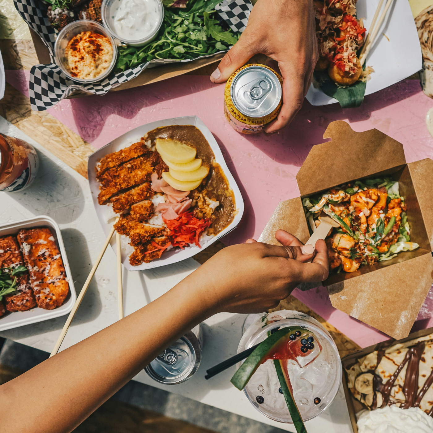 Top view of friends enjoying a meal together